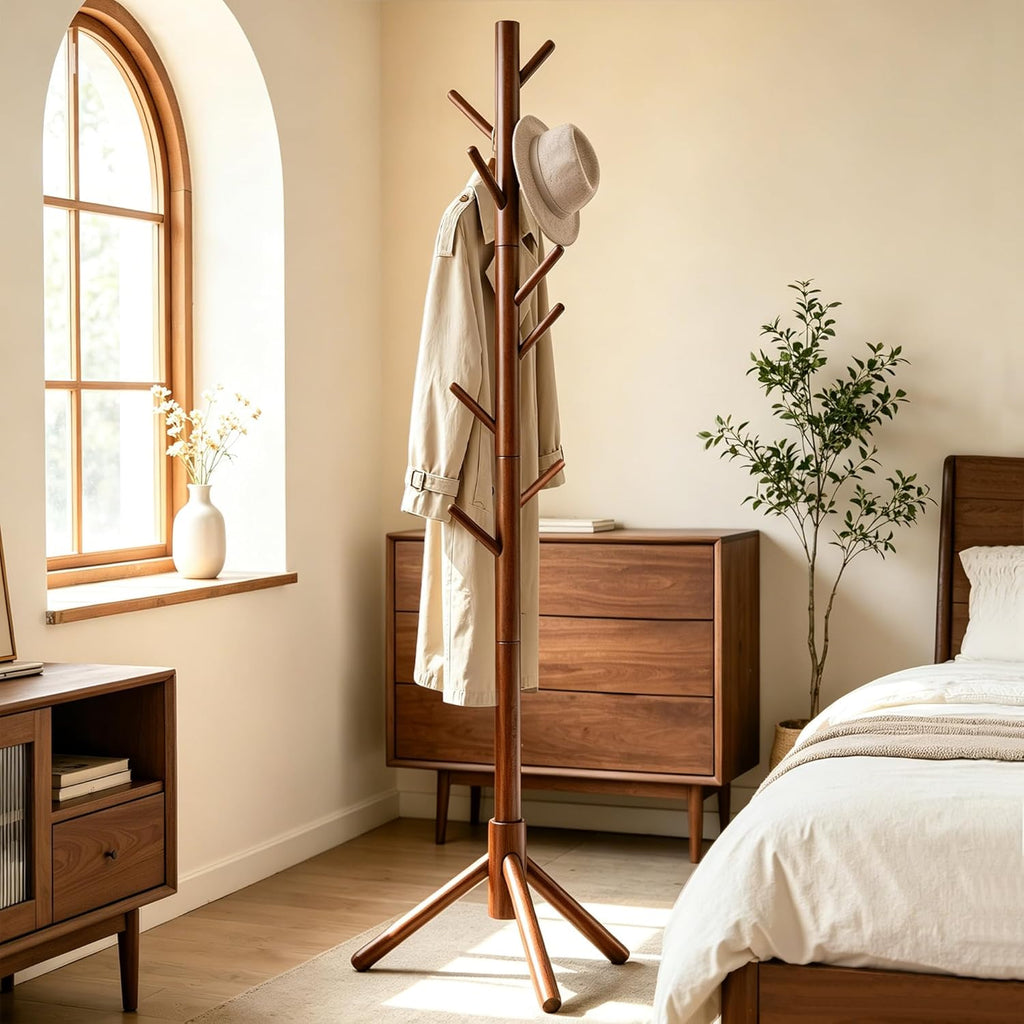 Wooden Coat Rack Freestanding with 8 Hooks & 3 Adjustable Sizes for Clothes, Space-Saving Design for Bedroom Office Entrance Holds Hats Coats Scarves Bags