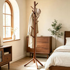 Wooden Coat Rack Freestanding with 8 Hooks & 3 Adjustable Sizes for Clothes, Space-Saving Design for Bedroom Office Entrance Holds Hats Coats Scarves Bags