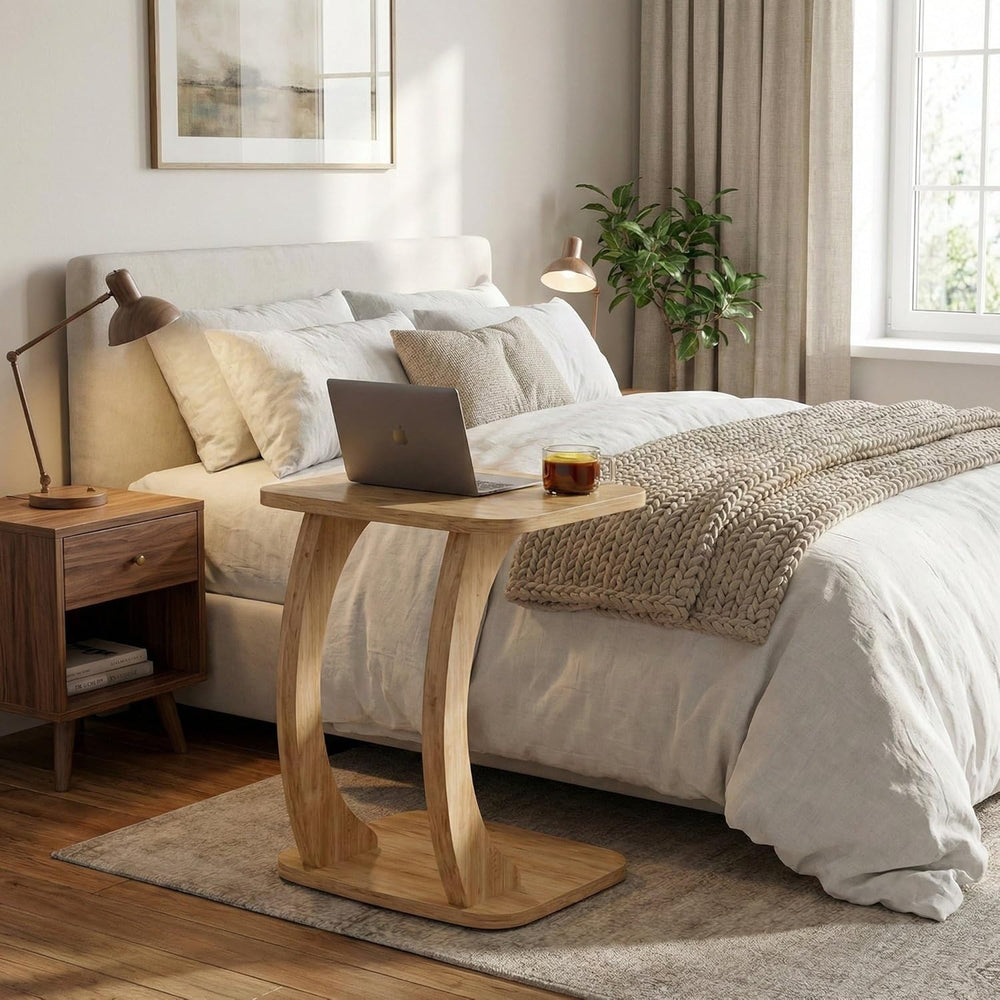 Modern C-Shaped Side Table, Curved Wood End Table for Couch, Sofa & Bed, ...