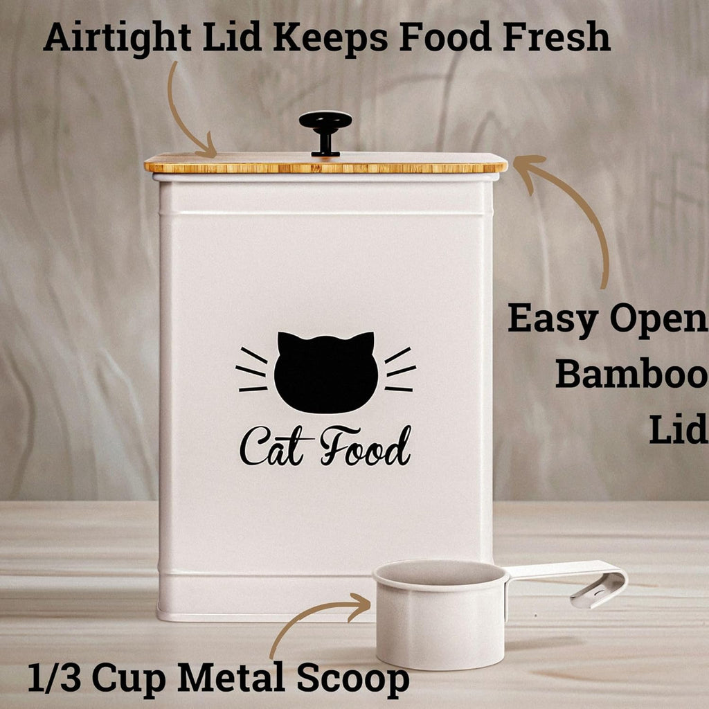 Cat Food Storage Container with Scoop - 5-7 lb (25 Cup) Capacity Metal Cat Food Container with Airtight Bamboo Lid and Metal Scoop - Airtight Pet Food Storage Containers 5 lb - 7 lb Kibble Container