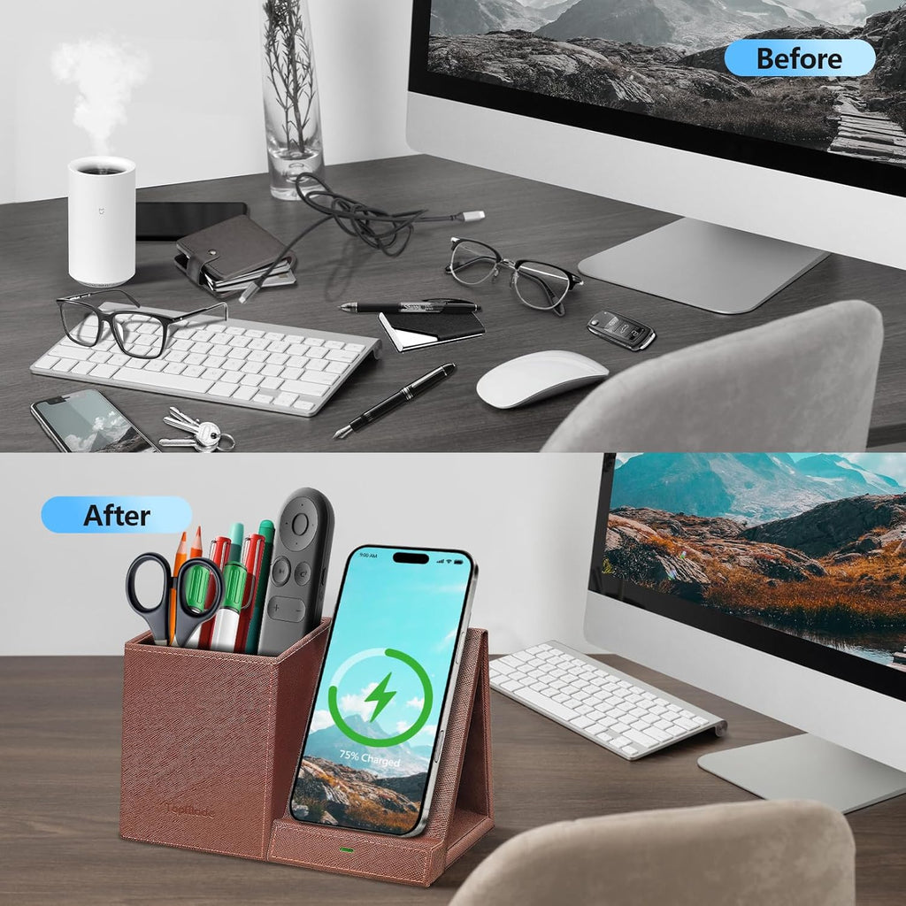 TopMade Wireless Charger with Pen Holder, Multi-functional Desktop Organizer and Storage, Home Office Supplies Desk Accessories, Pencil/Remote Holder with Fast Charging Phone Stand (Brown)