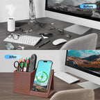 TopMade Wireless Charger with Pen Holder, Multi-functional Desktop Organizer and Storage, Home Office Supplies Desk Accessories, Pencil/Remote Holder with Fast Charging Phone Stand (Brown)