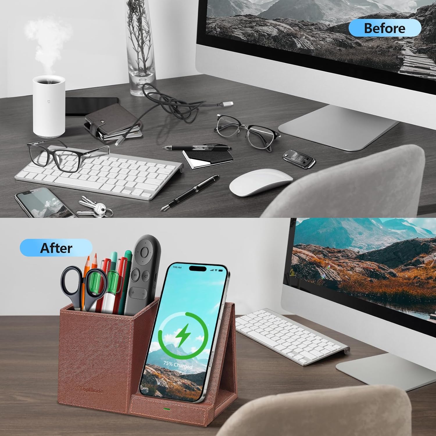 TopMade Wireless Charger with Pen Holder, Multi-functional Desktop Organizer and Storage, Home Office Supplies Desk Accessories, Pencil/Remote Holder with Fast Charging Phone Stand (Brown)