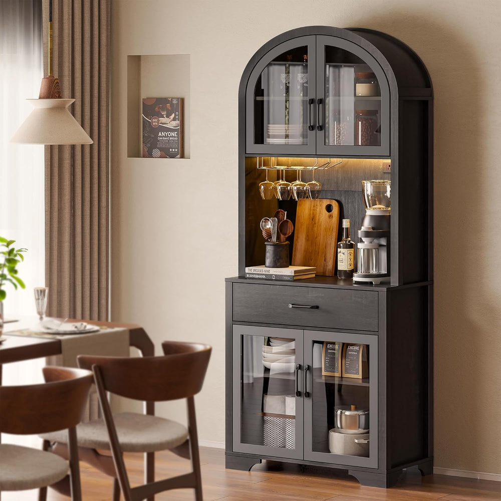 Arched Kitchen Pantry Storage Cabinet, Black Wooden Coffee Bar Cabinet with D...