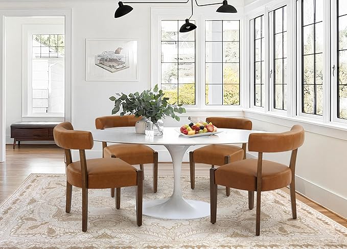 Modern Dining Chairs Set of 8, Faux Leather Upholstered Kitchen & Dining Room Chairs, Mid Century Modern Wooden Dining Chairs Oversized Sturdy Rounded Chairs Curved Back, Brown