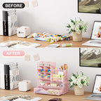 Marbrasse Mesh Desk Organizer with Drawer, Multi-Functional Pencil Organizer, 12 Compartments, Pink, Modern, Minimalist