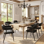 HNY Modern Dining Room Arm Chairs Set of 6, Retro Faux Leather Upholstered Barrel Dining Chairs with Arms Mid-Century Black Accent Chair with Metal Legs, Open-Back Kitchen Side Chair for Living Room