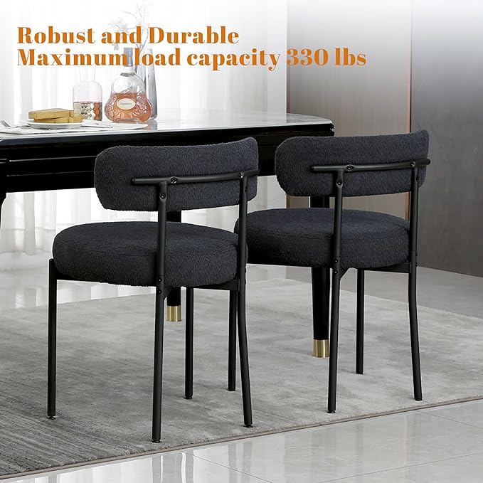 DYHOME Black Boucle Dining Chairs Set of 6, Modern Upholstered Dining Chairs with Curved Backrest and Metal Legs, Kitchen Dining Room Chairs