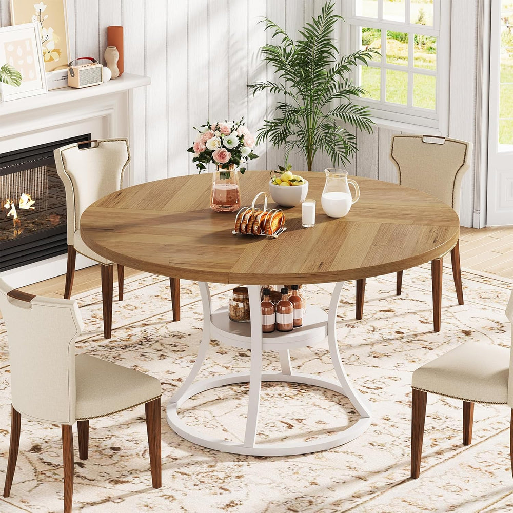 47'' Round Dining Table for 4-6, Farmhouse Dining Room Table with Sto...