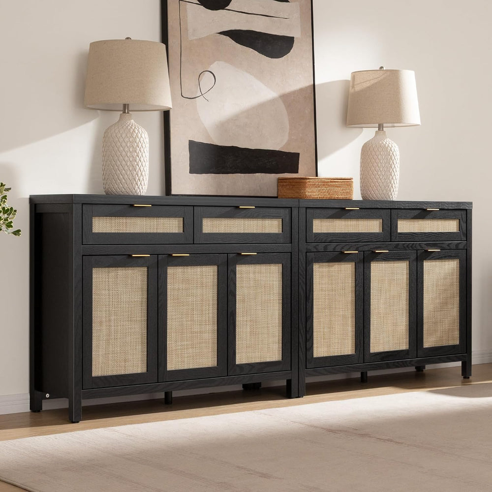 SICOTAS Rattan Sideboard Buffet Cabinet with Storage, Boho Credenza Accent Ca...