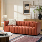 HULALA HOME 83" Genuine Leather Sofa with Channel Tufted Design, Brick | Modern 3-Seater Couch with Wood Legs, Supportive Seating, Easy Assembly, for Living Room Bedroom Apartment