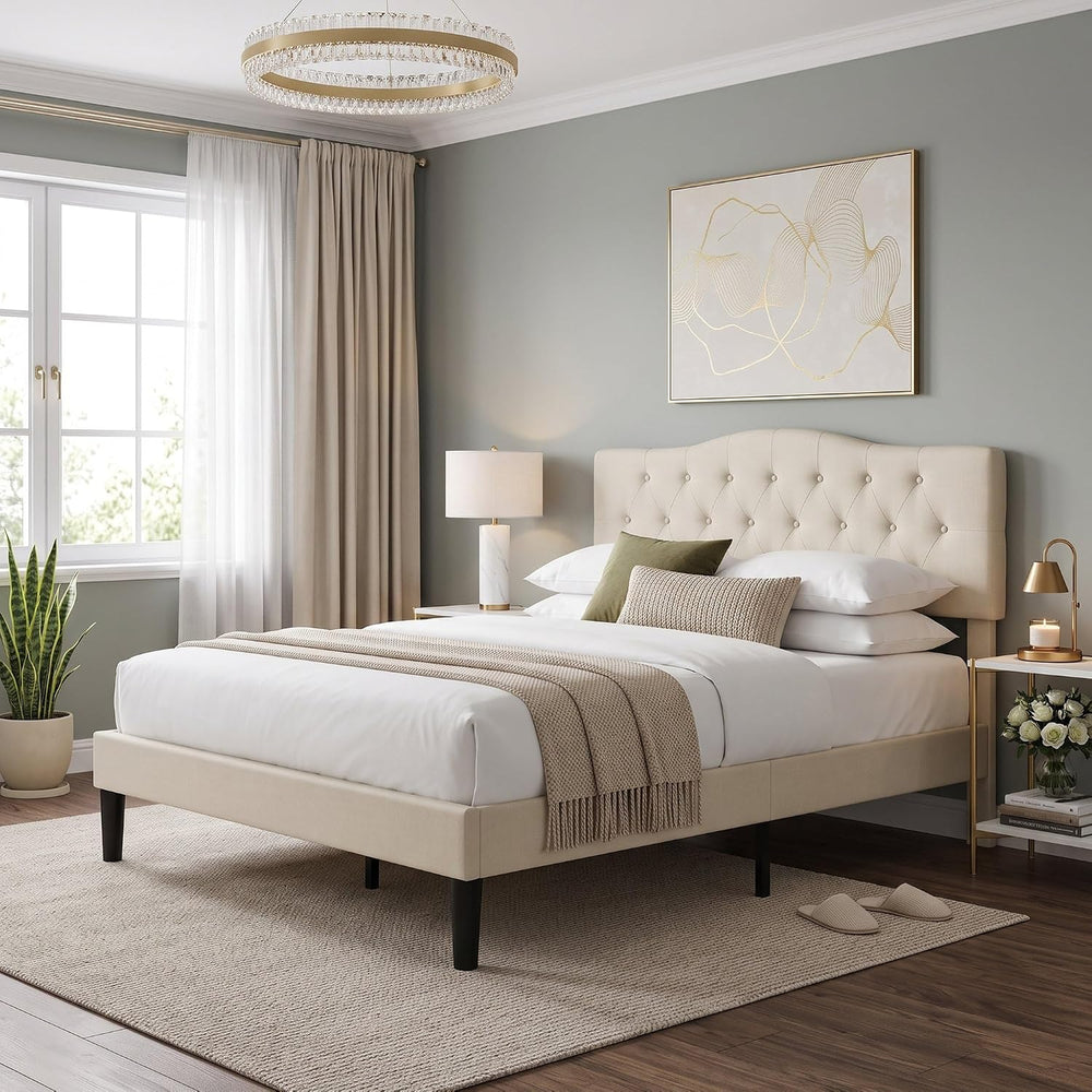 VECELO Queen Size Platform Bed Frame with Fabric Upholstered Headboard and Wo...