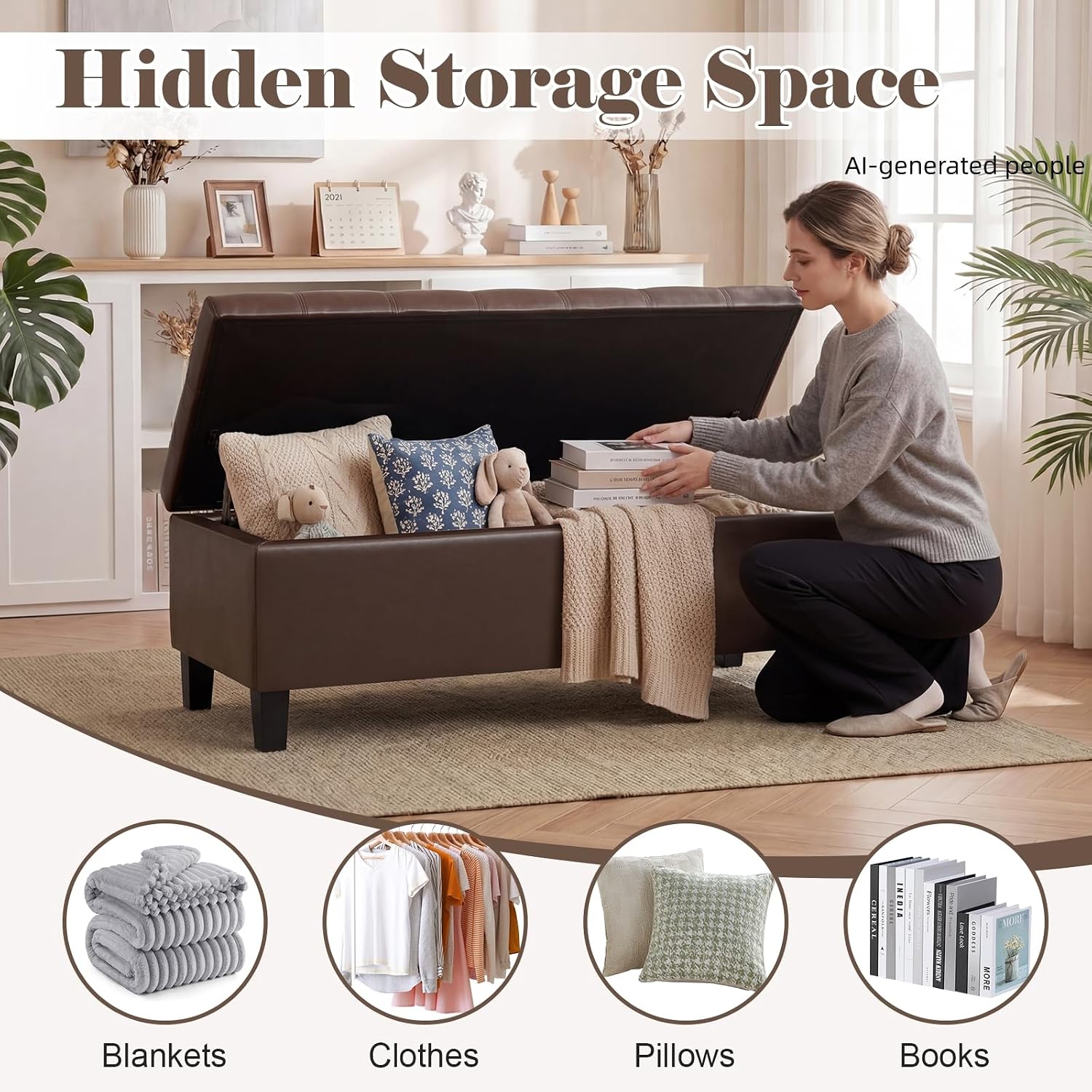 Asense 45" Storage Ottoman Bench,Faux Leather Upholstered Ottoman with Legs,Tufted Ottoman with Safety Hinge,Storage Bench for Bedroom,Living Room,Entryway,Chocolate Brown
