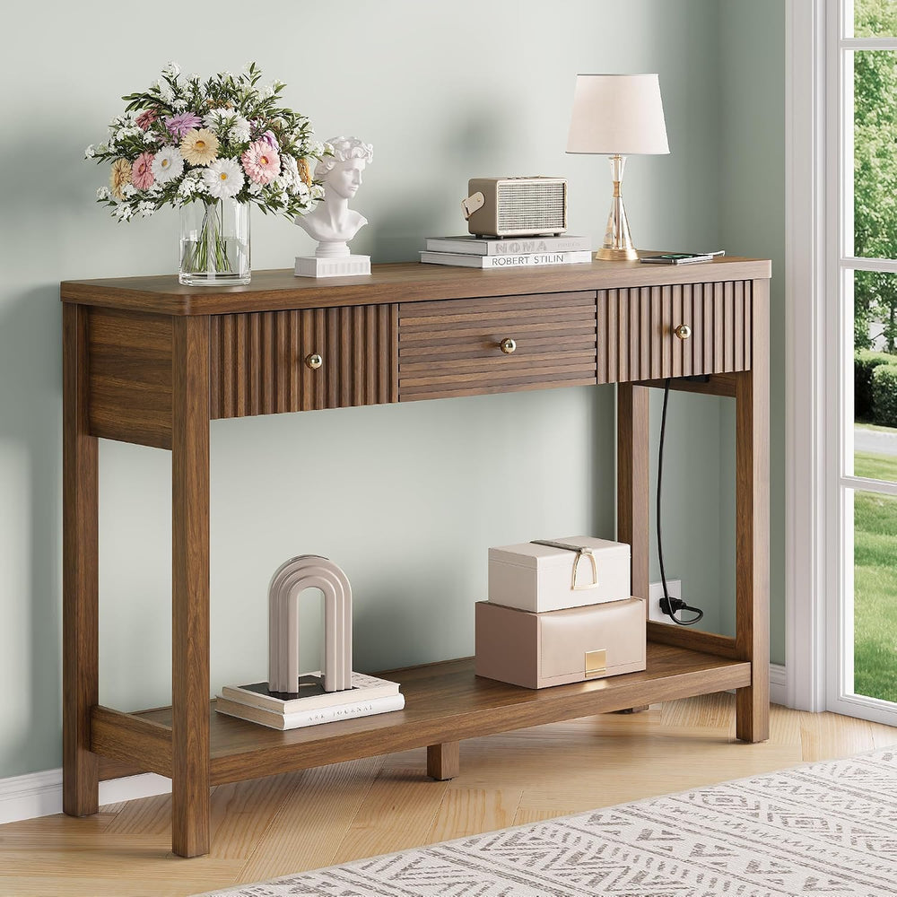 Decofy 47'' Fluted Console Table with Charging Station & 3 Drawer...
