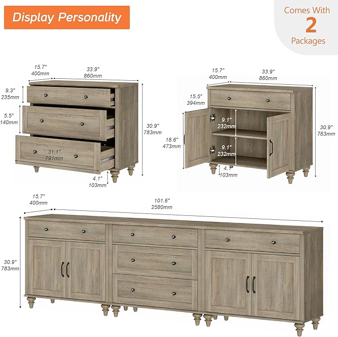 WAMPAT Farmhouse TV Stand for 100 Inch TV, 3-in-1 TV Console Table with 5 Drawers and 4 Doors, Entertainment Center for 75/80/85/90 Inch TV, Kitchen Sideboard Buffet Cabinet for Dining Room, Grey Wash