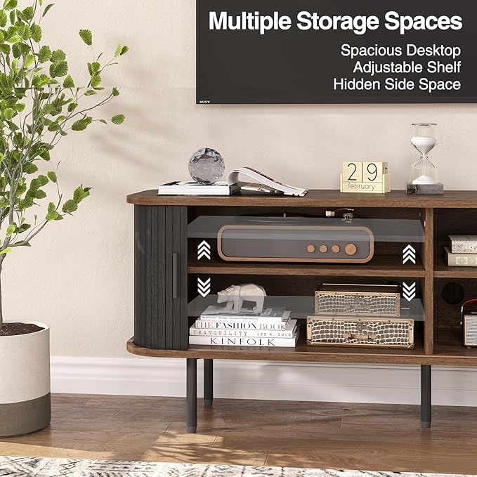 55''W Modern TV Stand Cabinet with Storage for TVs up to 60 Inch, Fluted TV Entertainment Center with Slatted Tambour Doors, Media Console for Living Room, Entryway, Black