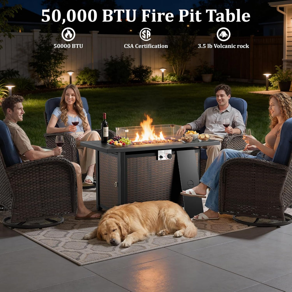 Luxury Swivel Rocker Chairs Fire Pit Table Set with 6" Thick Cushion 4 piece Wicker Outdoor Patio Chair with Sofa,Comfortable High Back Outdoor Patio Furniture Set - Brown | Beige