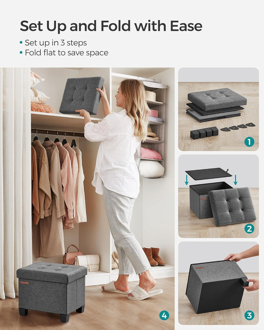 SONGMICS Storage Ottoman, Small Ottoman Foot Rest with Legs, 12.6 x 15.7 x 13...