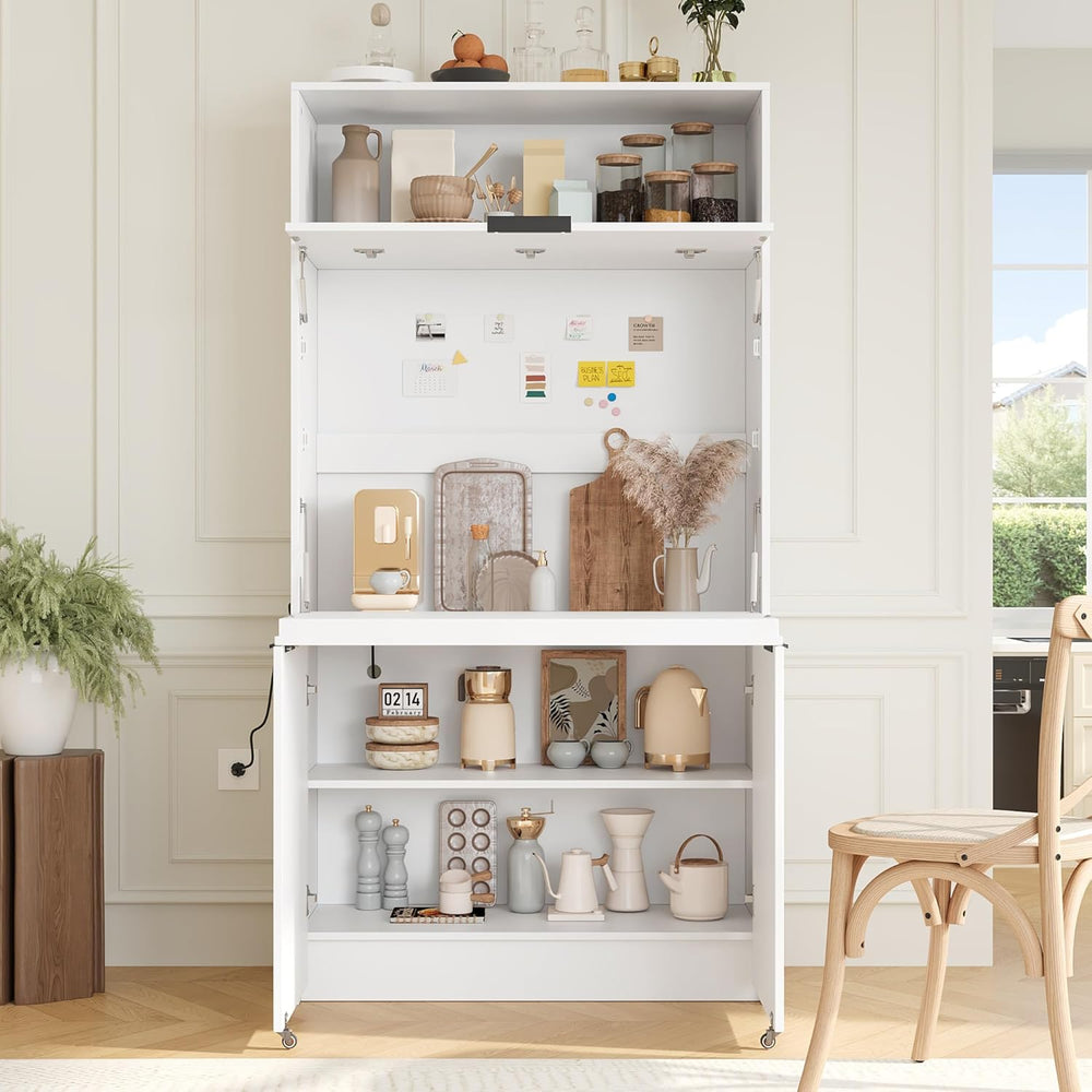 Pantry Cabinet with Hutch and Foldable Workstation, Multifunctional Wood Cupb...