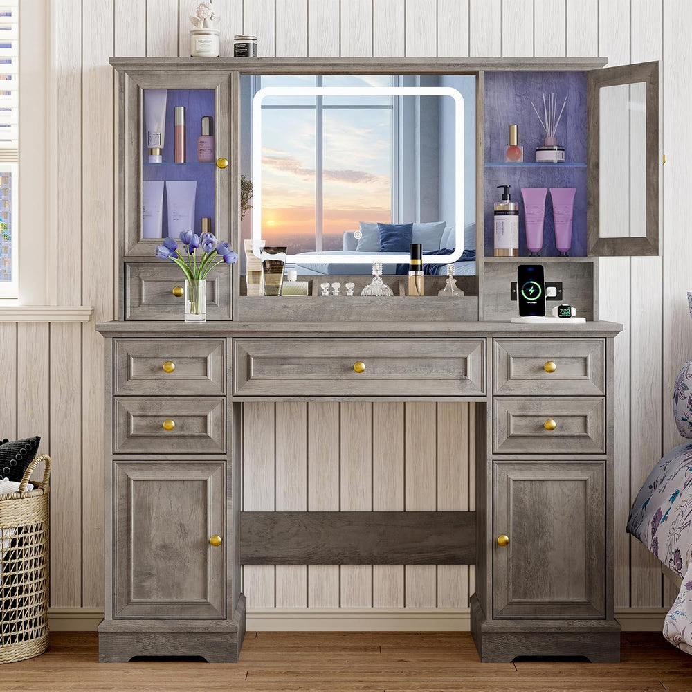 Xixini 43.3" Farmhouse Vanity Desk with LED Mirror, RGB Cabinets, Grey |...