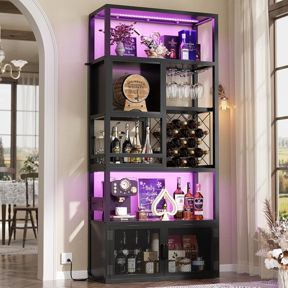 Armocity 82.6" Tall Bar Cabinet with Power Outlets & LED Lights, Liq...