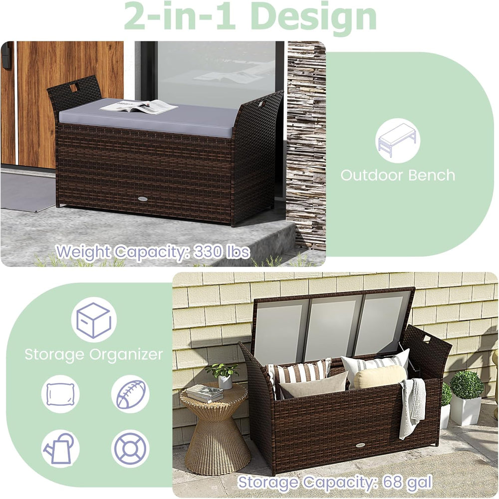 RELAX4LIFE Wicker Outdoor Storage Bench - 68 Gallon Rattan Deck Box w/Side Ha...