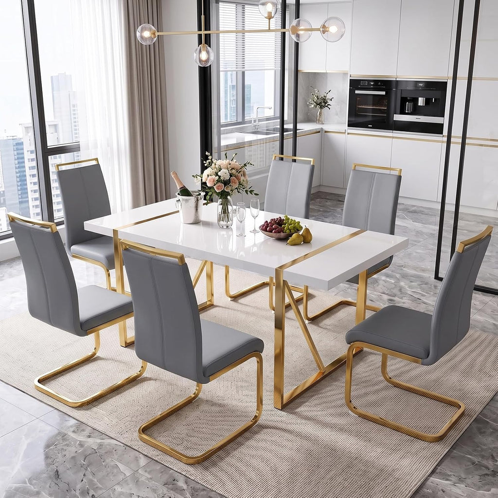 Ebullient 7-Piece White Dining Table Set for 6, Modern Gold Table & Chairs | 55" White MDF Table, 6 Padded Faux Leather Chairs, Gold Frames, 1.57" Thick Top, Reinforced Base, Easy-Clean, Easy Assembly