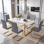 Ebullient 7-Piece White Dining Table Set for 6, Modern Gold Table & Chairs | 55" White MDF Table, 6 Padded Faux Leather Chairs, Gold Frames, 1.57" Thick Top, Reinforced Base, Easy-Clean, Easy Assembly