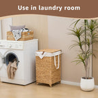 Laundry Hamper with Lid and Removable Liner Bag, Handwoven Natural Hyacinth Clothes Hamper with Heightened Feet, Wicker Laundry Basket for Clothes and Towels，Small