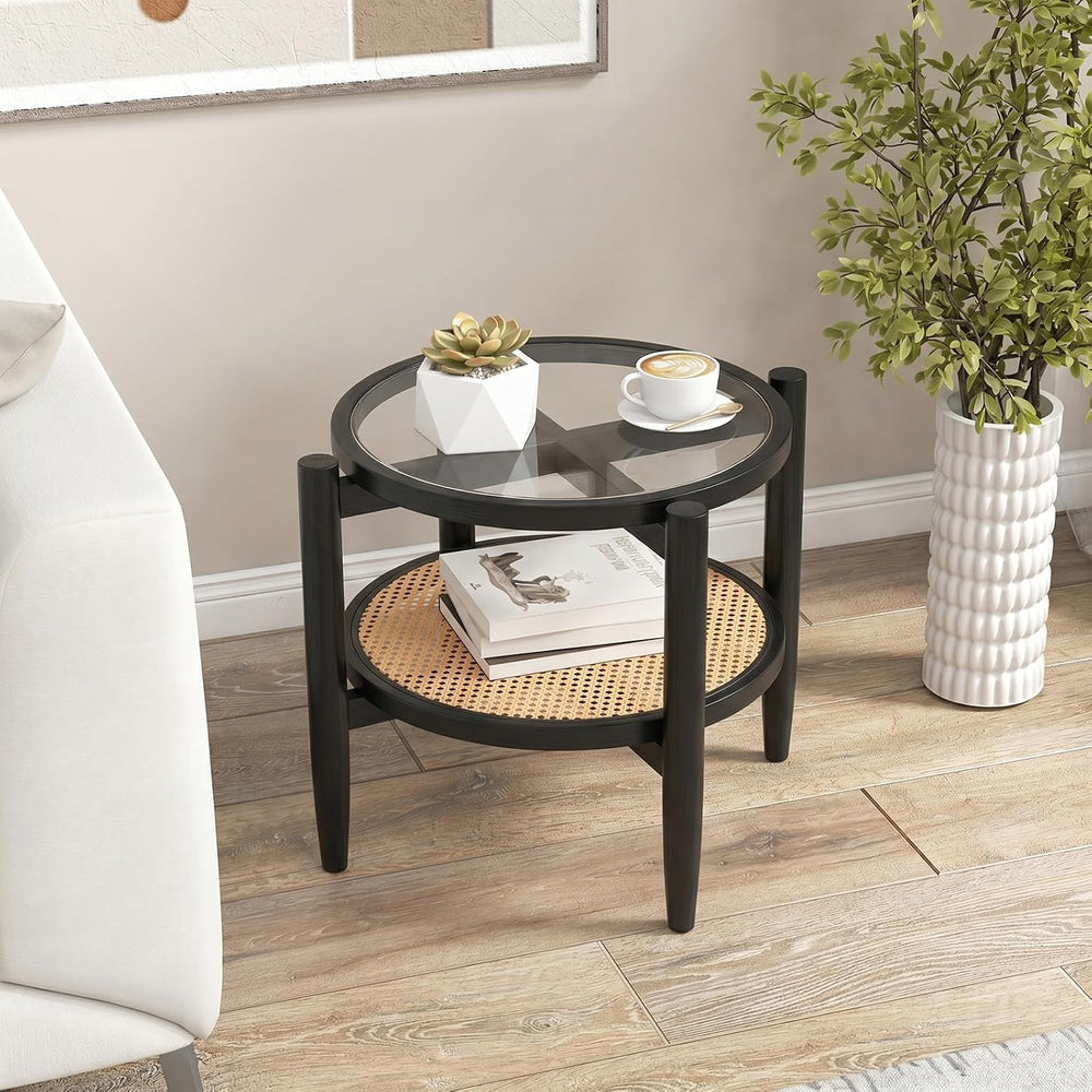 Giantex Rattan Round End Table, Boho Nightstand with Tempered Glass Top &...