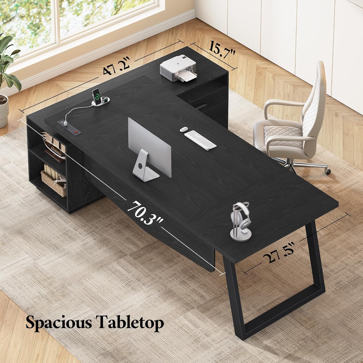 70.3 in L Shaped Executive Desk with Power Outlets, Large Home Office Desk with Storage Drawers & File Cabinet, Modern Computer Desk with Shelves, Black Business Furniture, Square Metal Legs, Black