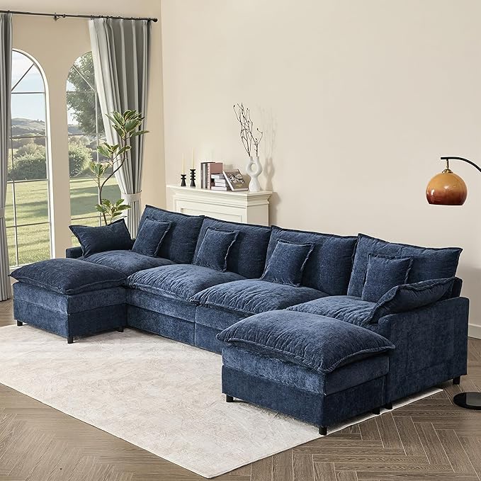 142.5" U Shaped Couch, Modular Sectional Sofa, 3-Seater Comfy Cloud Couch, Set of Modular Pieces with Movable Ottoman, Deep Seat Couches for Living Room, Chenille, Navy