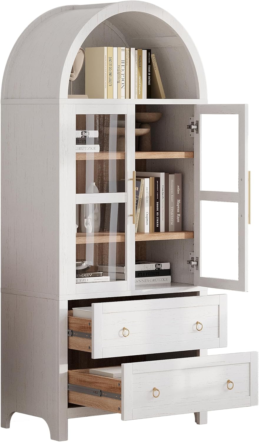 Merax 71" Tall Arched Farmhouse Pantry Cabinet with Glass Doors & 2 ...