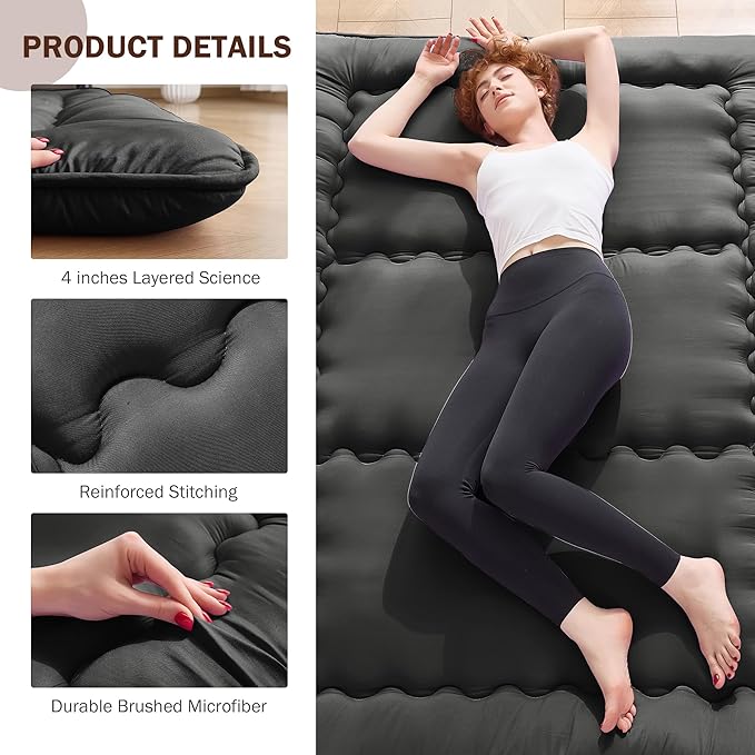 Japanese Floor Futon Mattress Queen Size, 25D High Density Support Foam, 4" Thicken Foldable Mattress Tatami Mat Sleeping Pad Suitable for Camping, Guest Room, Black 60"x 80"