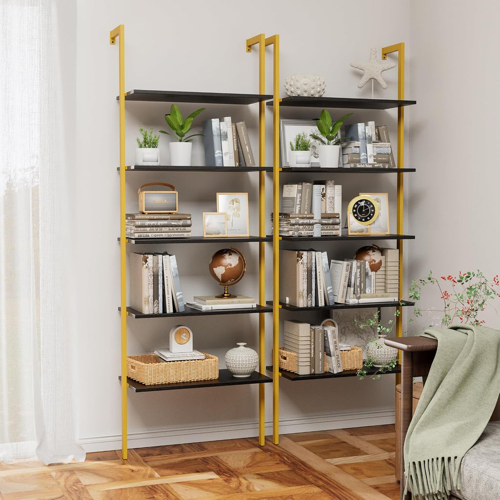 5-Tier Ladder Shelf Wall Mount, Wall Bookcase with 5 Open Shelves for Living Room Bedroom, Narrow Ladder Shelf for Small Spaces, Sturdy Metal Frame Bookshelf for Home Office and Collectors