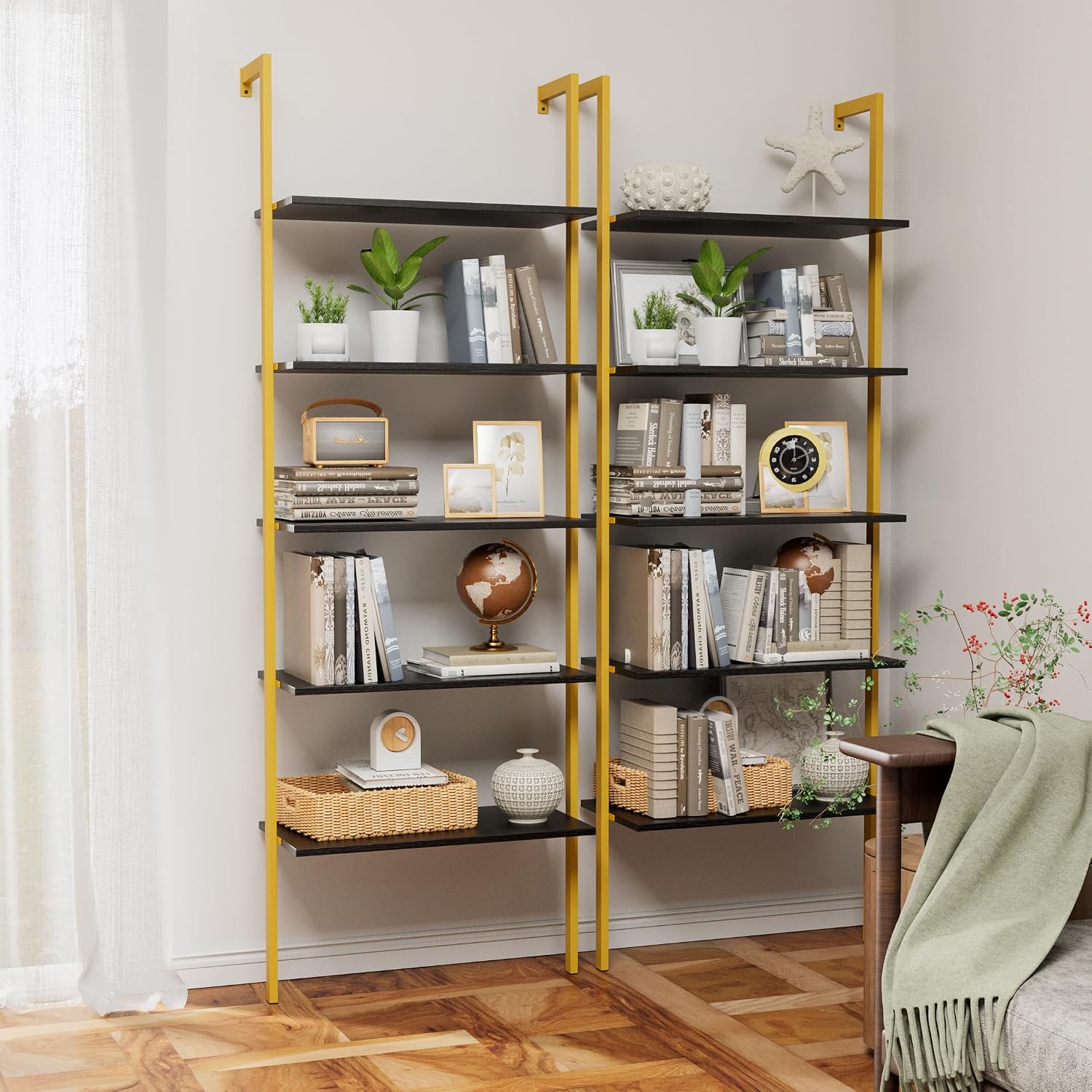 5-Tier Ladder Shelf Wall Mount, Wall Bookcase with 5 Open Shelves for Living Room Bedroom, Narrow Ladder Shelf for Small Spaces, Sturdy Metal Frame Bookshelf for Home Office and Collectors