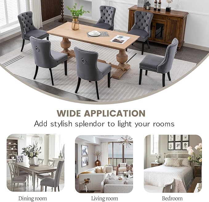 KCC Velvet Dining Chairs Set of 6, Upholstered High-end Tufted Dining Room Chair with Nailhead Back Ring Pull Trim Solid Wood Legs, Nikki Collection Modern Style for Kitchen, Grey