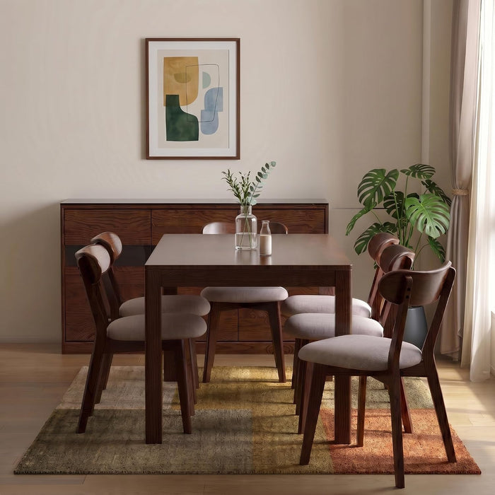 100% Solid Oak Dining Chairs Set of 6, Mid-Century Modern Dining Room Chairs, Wooden Kitchen Chairs with Light Gray Upholstered Seat, Curved Backrest, Walnut Brown Frame, Sillas de Comedor (6 Chairs)