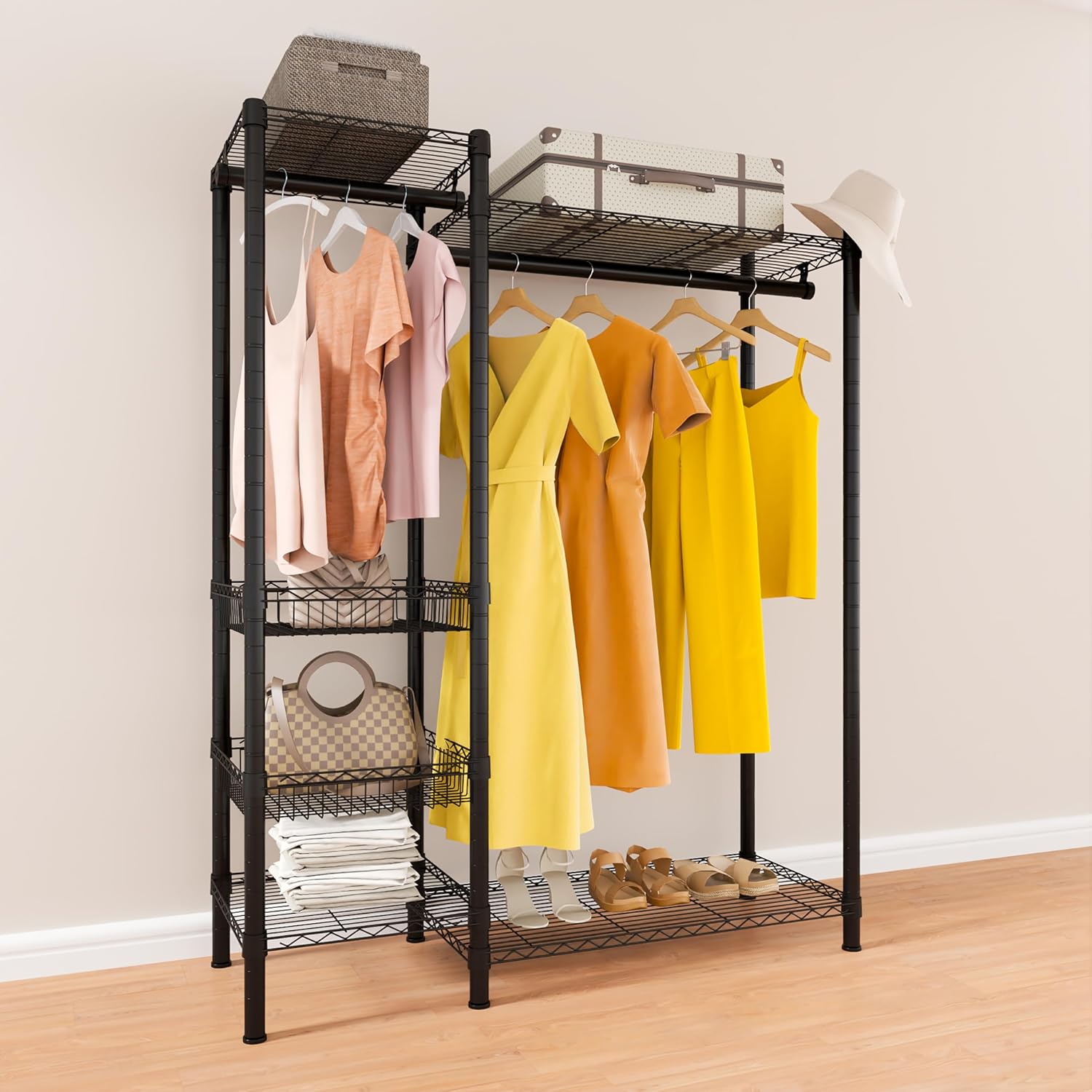 Xiofio 6 Tiers Heavy Duty Clothes Rack,Metal Clothing Rack, Adjustable Clothing Rack with Hanging Rod and Wire Fixing Baskets,Max Load 600LBS,Black