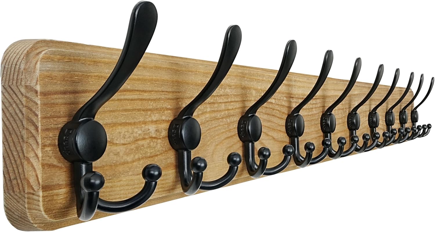 Dseap Coat Rack Wall - Heavy-Duty 38-1/4" Long, with Reinforced 10 Custom Tri-Hooks, Solid Wood Wall Hanger for Coats Hat Jackets - Rustic Farmhouse Entryway Hallway Storage, Weathered Brown & Black