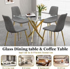 5-Piece Glass Dining Table Set, Modern Square Gold Dining Room Set with Tempered Glass Kitchen Table and 4 Gray Upholstered Chair for Apartment, Living Room