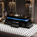 Luxury Glossy Closet Island with 16 Drawers, Modern Glass Top Wardrobe Armoire Island, LED Walk-in Closet Island for for Dressing Room Cloakroom (Black)