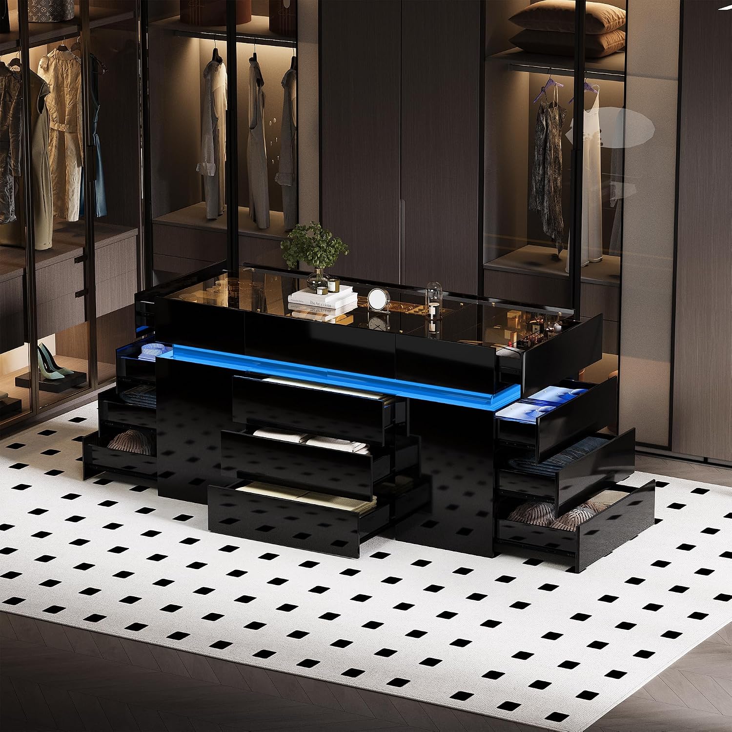Luxury Glossy Closet Island with 16 Drawers, Modern Glass Top Wardrobe Armoire Island, LED Walk-in Closet Island for for Dressing Room Cloakroom (Black)