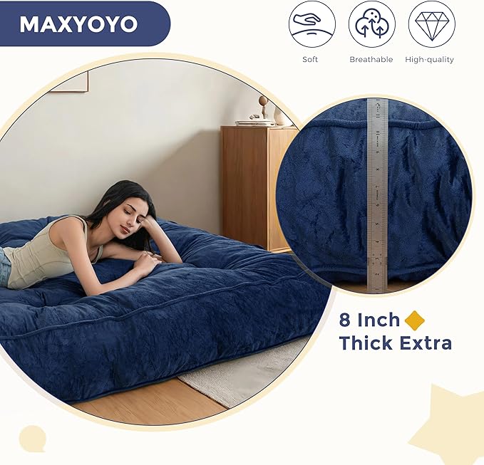 MAXYOYO 8" Futon Mattress, Full Size Extra Thick Futons Sofa Couch Bed for Adults, Velvet Floor Mattress Shredded Foam Filling (Frame Not Included)