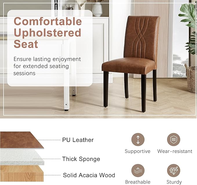VECELO Upholstered Dining Chairs Set of 6, Modern PU Leather and Solid Wood Legs & High Back for Kitchen/Living Room- Brown