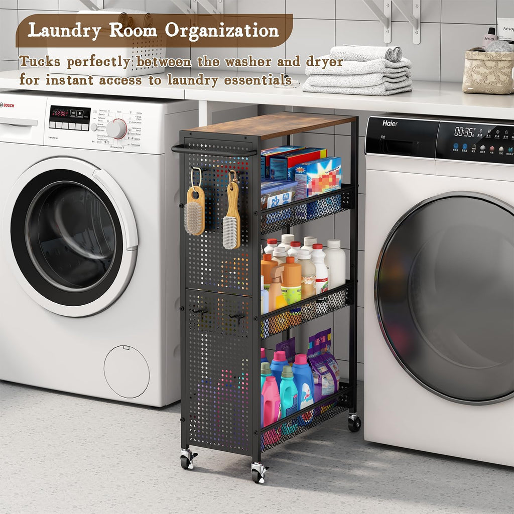 Utility Slim Storage Cart 4 Tier Small Rolling Kitchen Laundry Room Organization Cart with Wood Top Metal Narrow Laundry Room Shelves Cabinet Unit Laundry Organizer Trolley with Handle for Small space