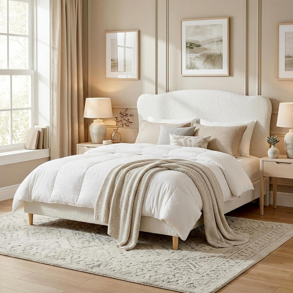 Garvee Bouclé Queen Size Bed Frame with Upholstered Headboard, Beige