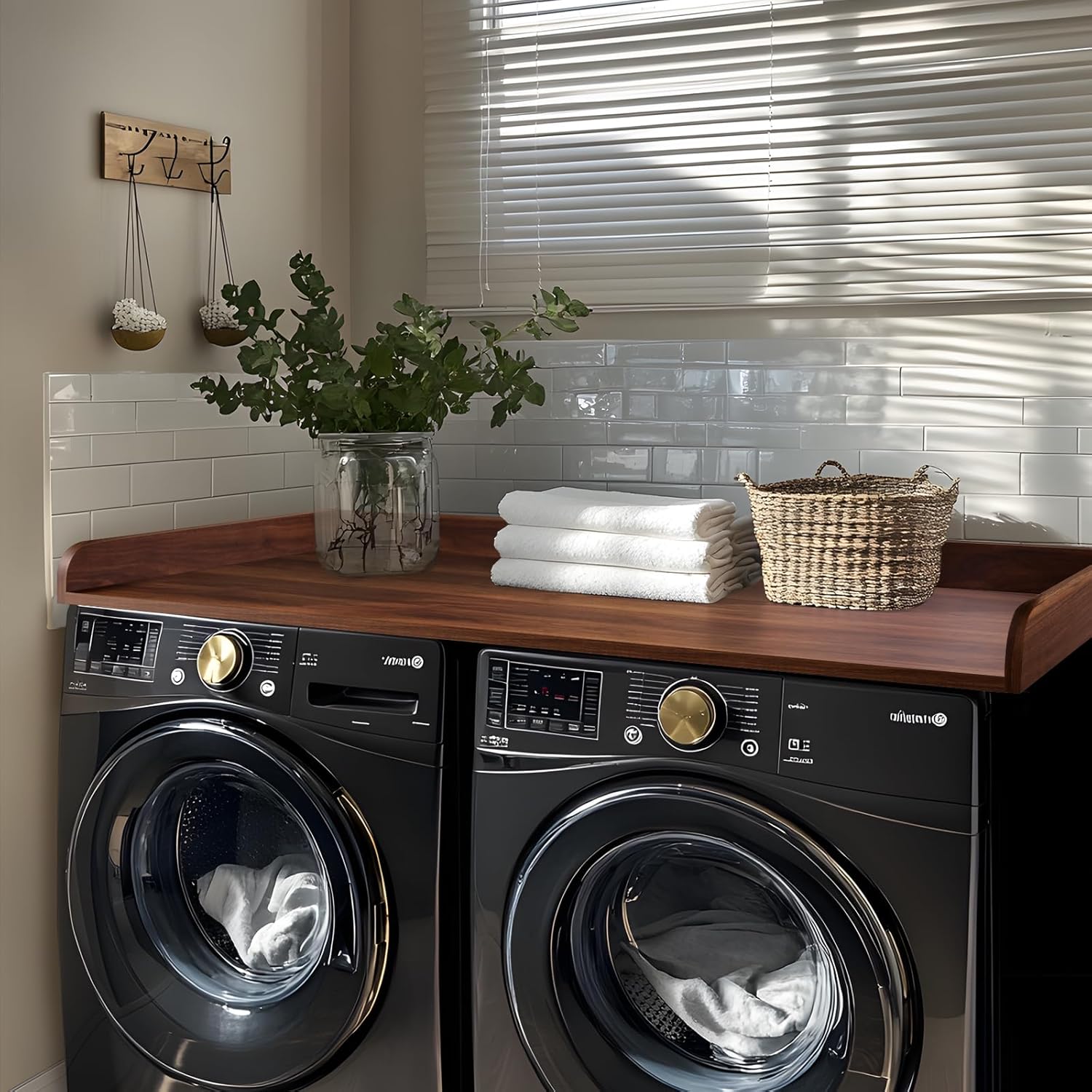 Kaboon Washer Dryer Countertop, Melamine Countertop with Edge Rails - 27.5" Depth x 54" Width Laundry Room Organization, Dark Walnut