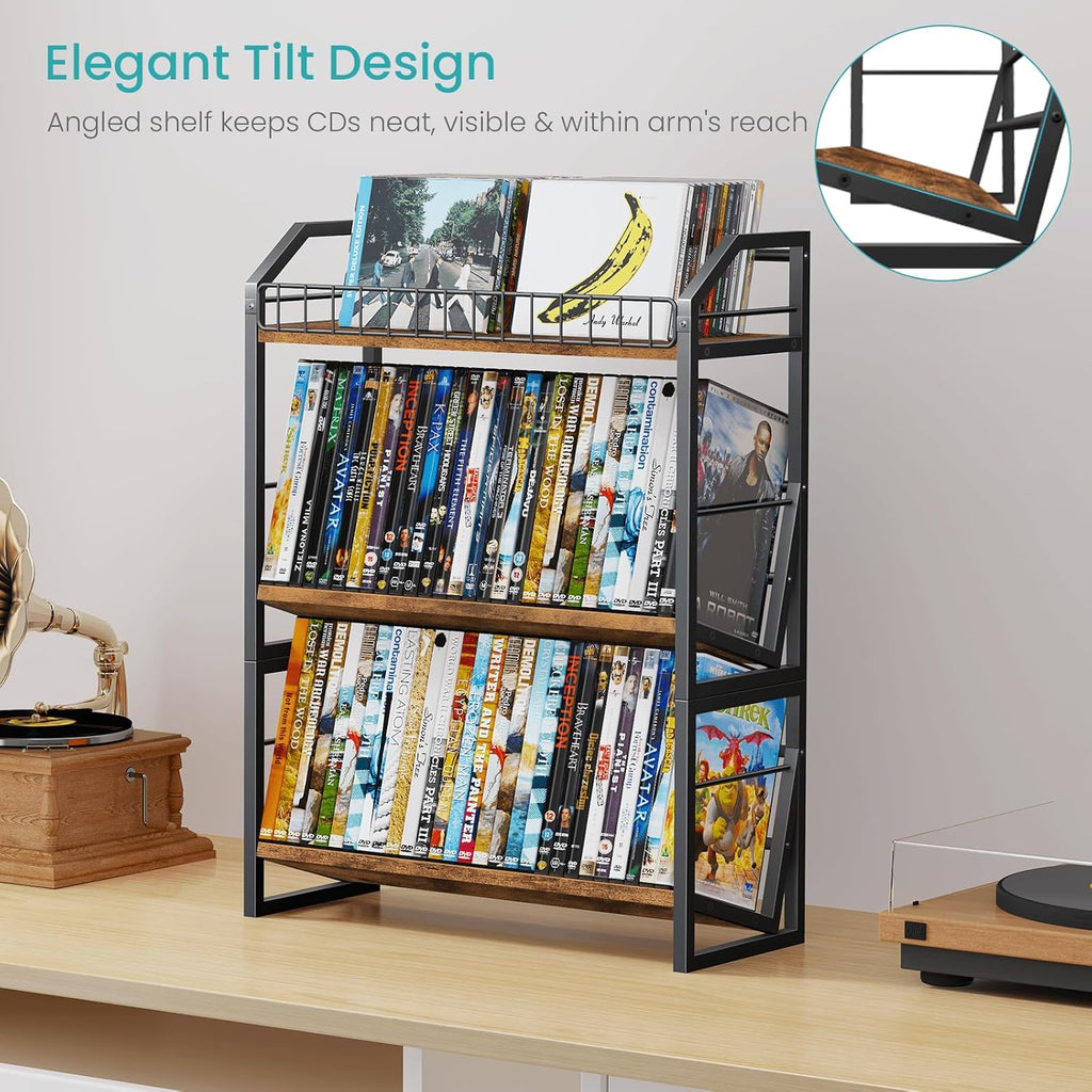 ELITEROO 3-Tier CD Storage Rack, Wood DVD Holder with 2-in-1 Assembly Design, Tilting CD Organizer Tower Holds Up to 112 CDs or 78 DVDs, Table Top DVD Display Stand for Music Enthusiasts, Rustic Brown