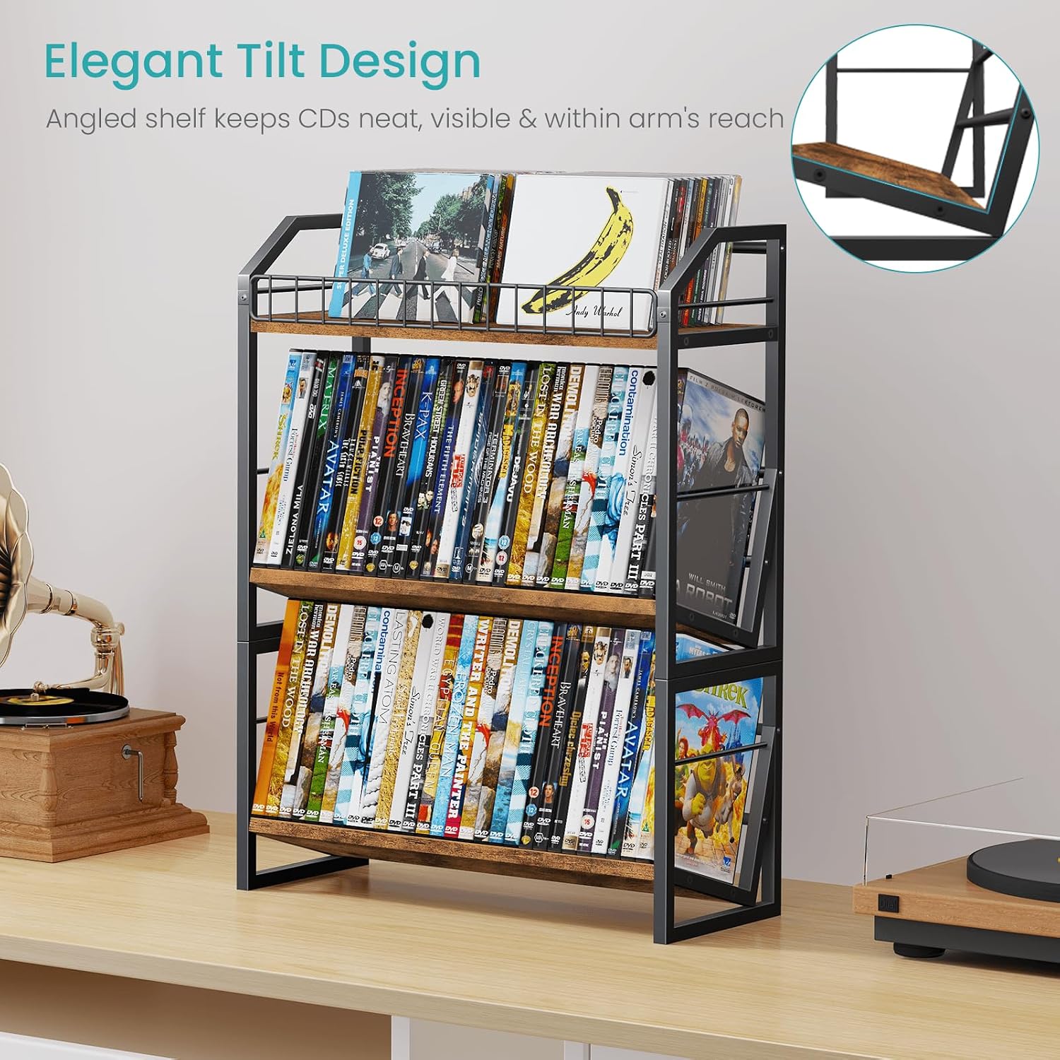 ELITEROO 3-Tier CD Storage Rack, Wood DVD Holder with 2-in-1 Assembly Design, Tilting CD Organizer Tower Holds Up to 112 CDs or 78 DVDs, Table Top DVD Display Stand for Music Enthusiasts, Rustic Brown